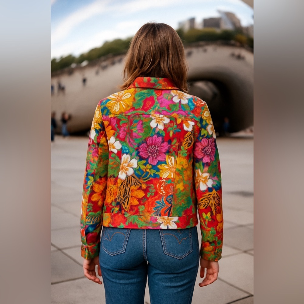 Coldwater Creek Womens Y2K Retro Multi Hibiscus Patchwork Zip Jacket EUC L #2113 - Picture 3 of 11